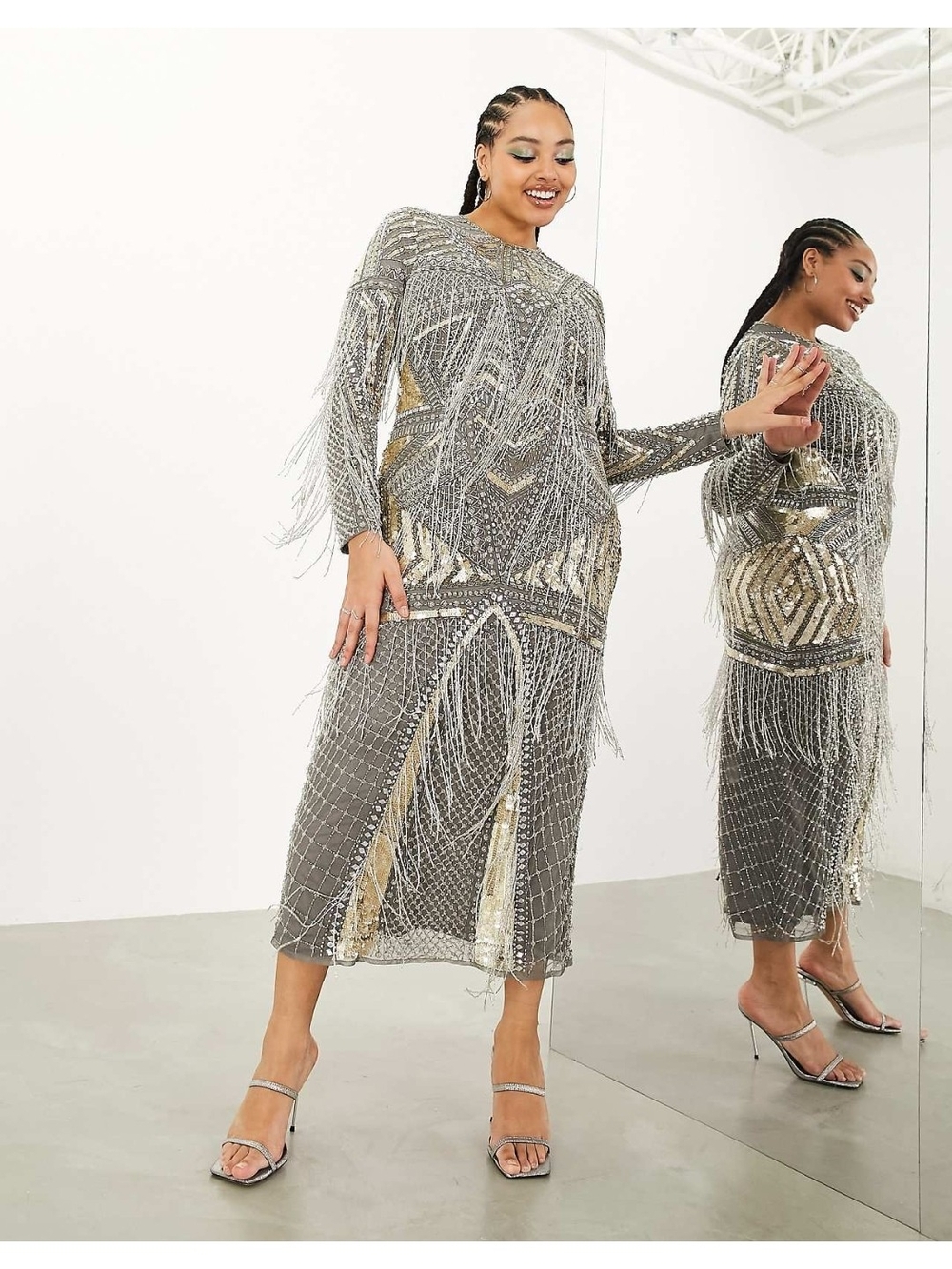 ASOS Silver Beaded Fringe Long Sleeve Midi Dress